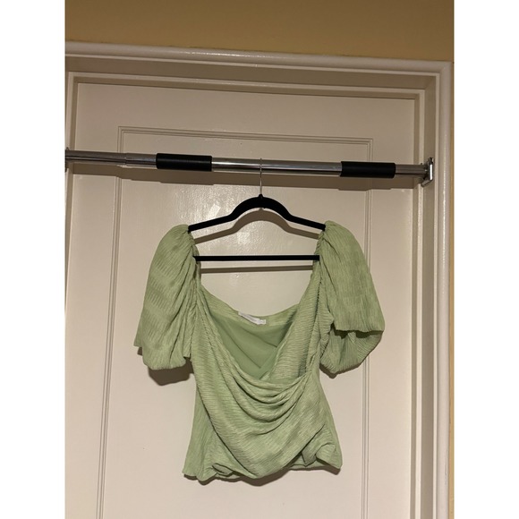 Jonathan Simkhai Tops - Jonathan Simkhai Sage Green Ruched Blouse Top Puff Sleeve Sweetheart Neck Size 8